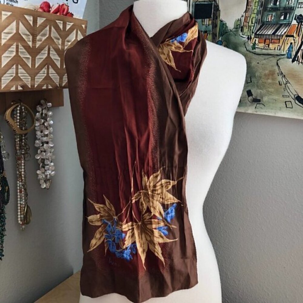 Vintage Vena Burgundy Brown Gold Floral Blossoming Leaves Silk Scarf - 40" x 10"